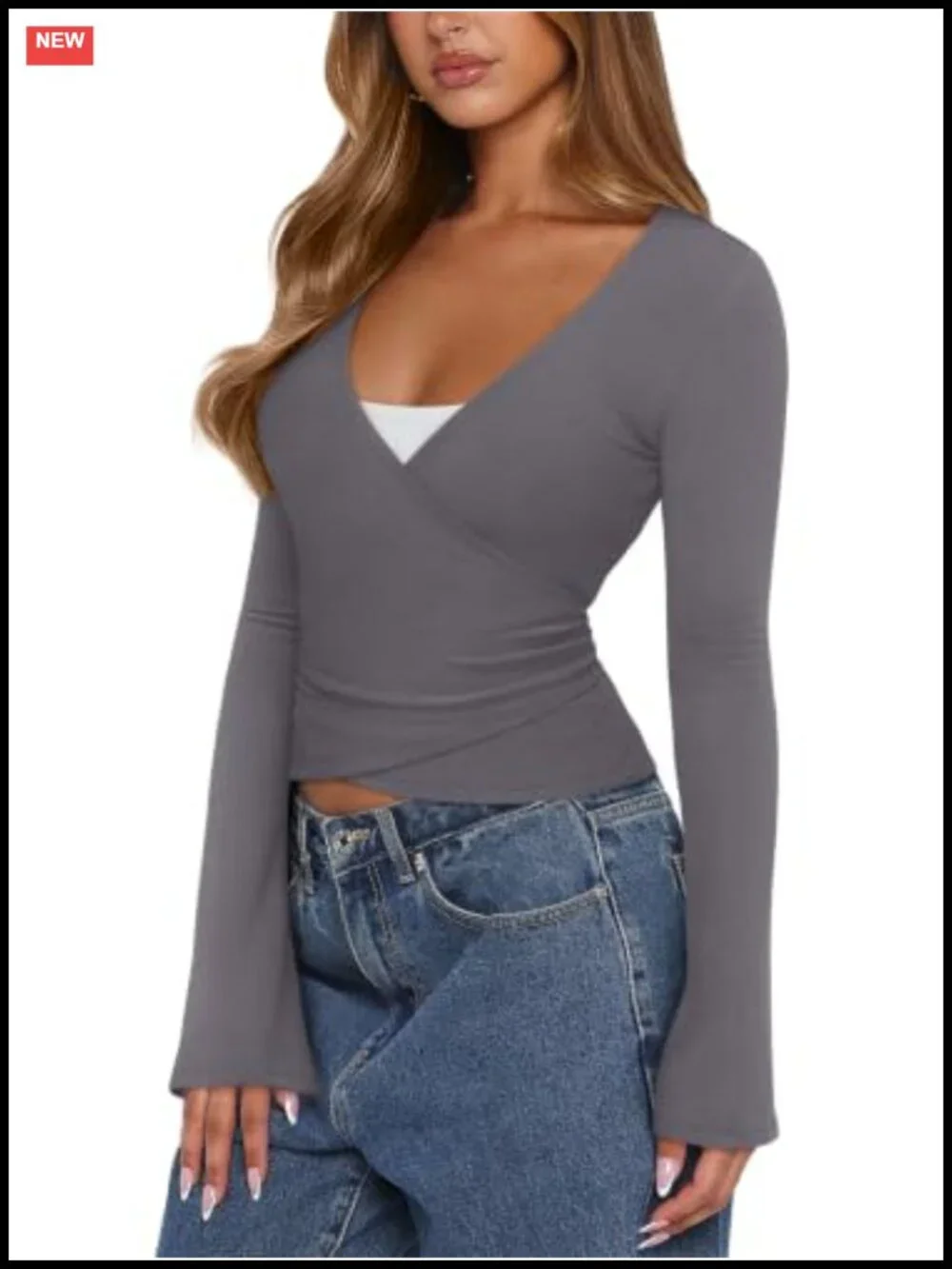 Women's Long Sleeve Wrap Cardigan Tie Front Back Bell Sleeve V Neck Crop Shrug